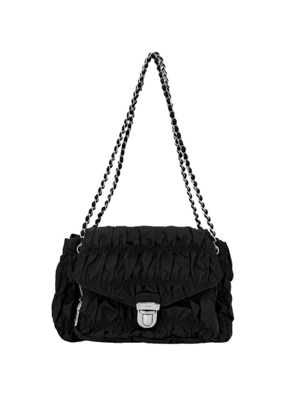 Prada Shoulder Bag Gather Chain Tessuto Crossbody Nylon Black Silver
